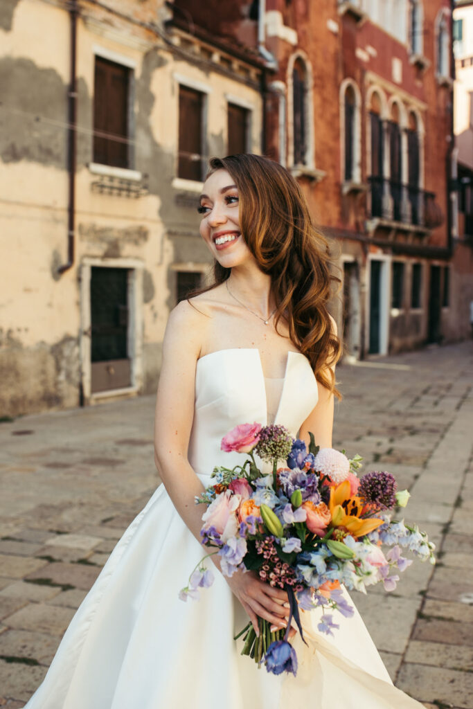 A captivating portrait of the bride, showcasing her grace and beauty against the timeless backdrop of the enchanting city