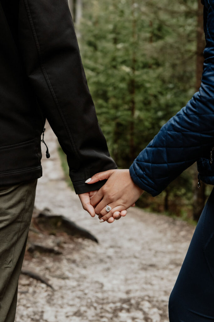 Close-up of couple's hands with engagement ring and alpine trees on the background