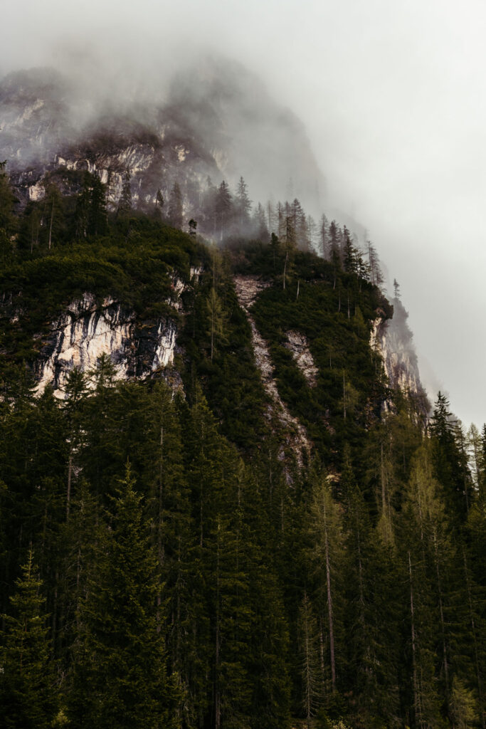 Detail of mountains in Lake Braies, Italy