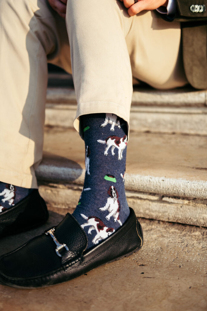 Groom's socks with Saint Bernards pictured on them