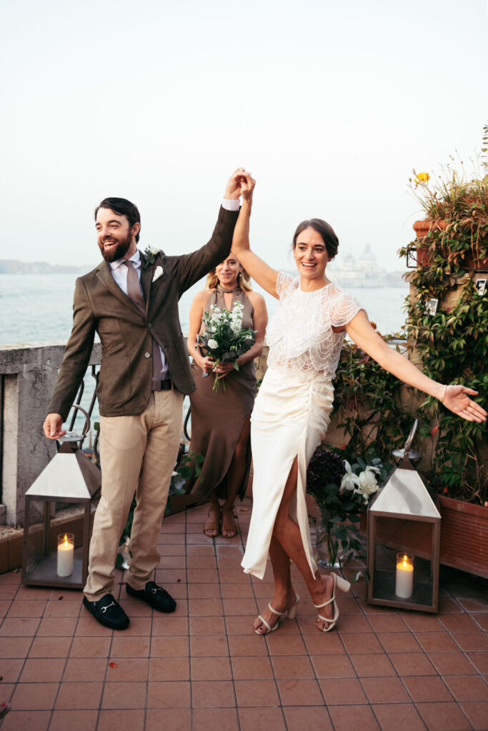 Bride and groom's cheer about getting married