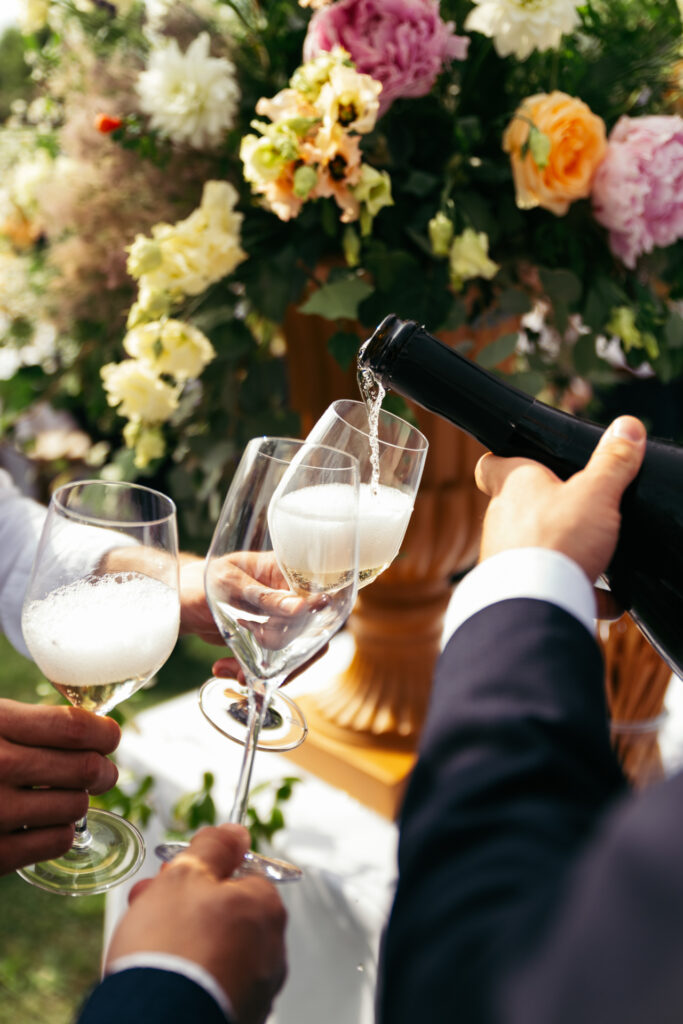 Close-up of local wine and flowers in Langhe