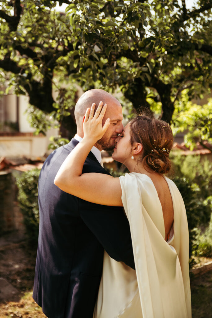 Romantic couple portrait among the vineyards in Langhe, Piedmont