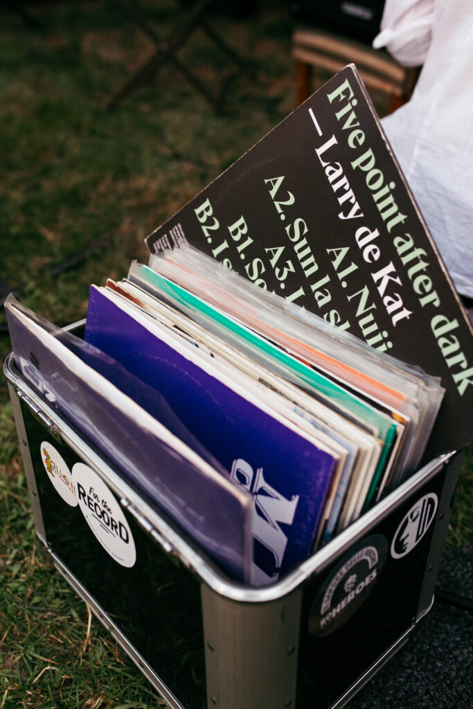 Close-up of the DJ's vinyls