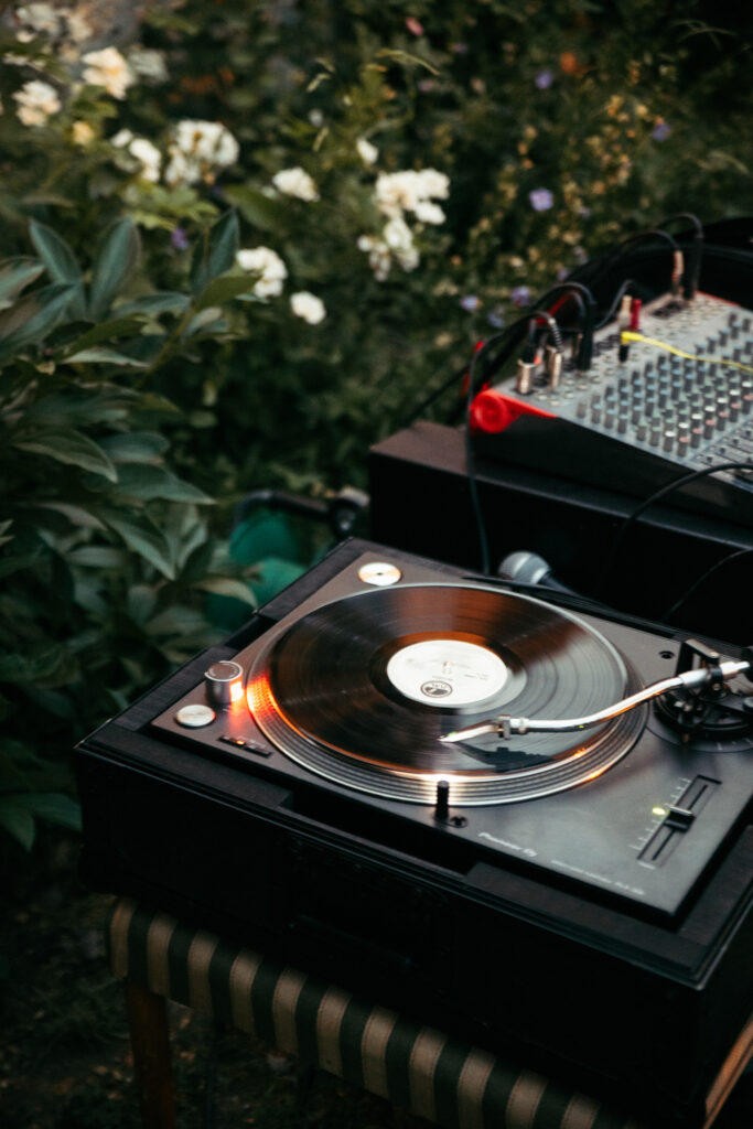 Close-up of the DJ's turntable at the wedding party in Italy