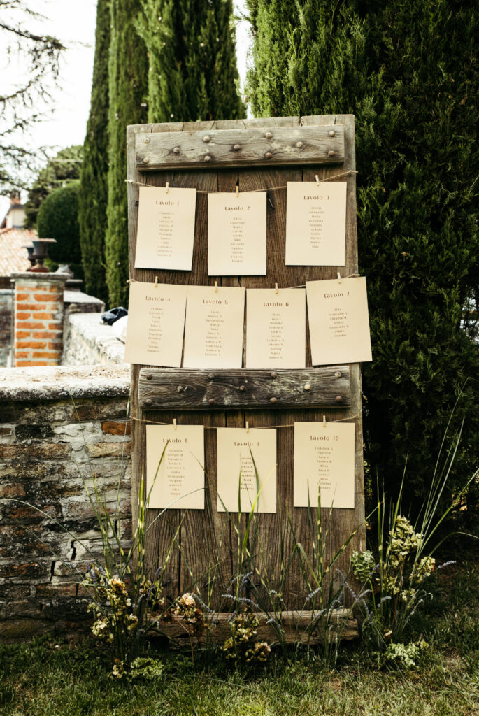 Rustic style wedding board at wedding in Langhe Italy