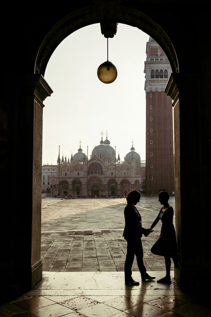 Silhouette of a same sex couple in San Marco square Venice Italy