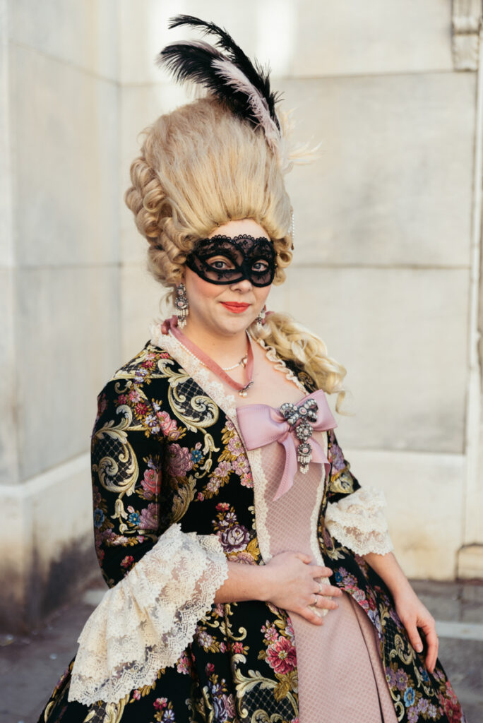 Venice Carnival portrait of a woman in an 18th-century gown with intricate embroidery, wearing a black lace mask and a voluminous Rococo-style wig