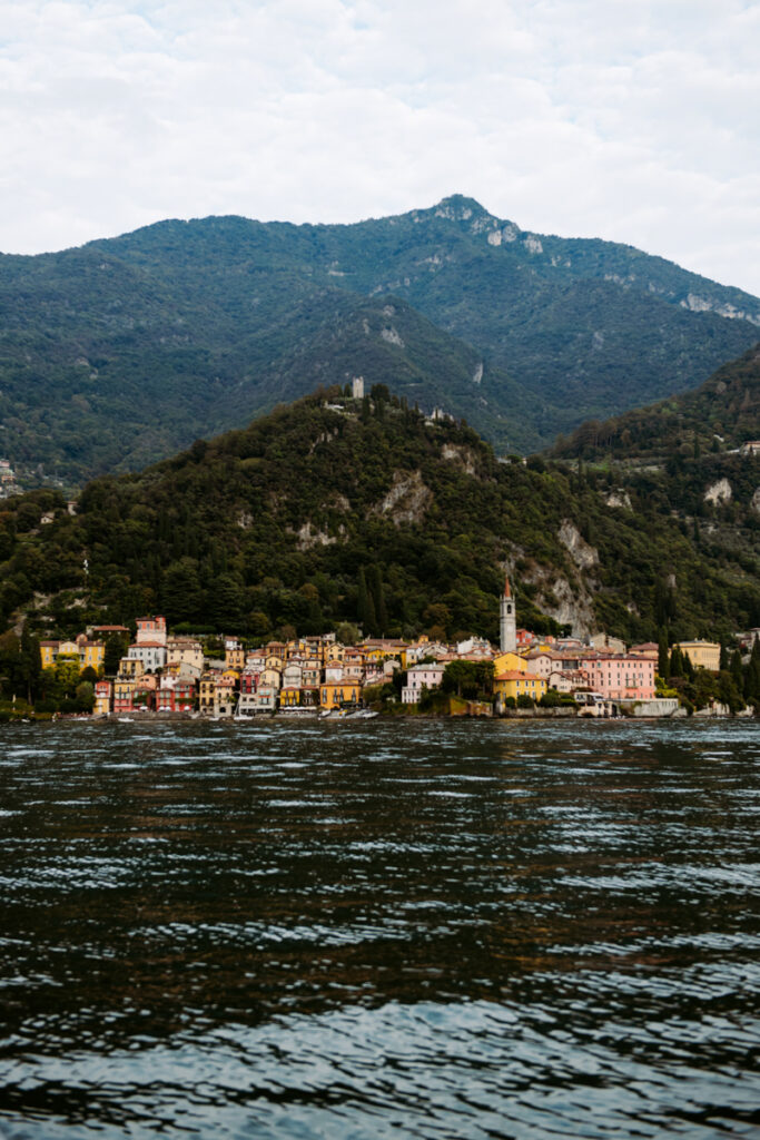 Scenic view of mountains and colorful houses of Varenna along the shores of Lake Como