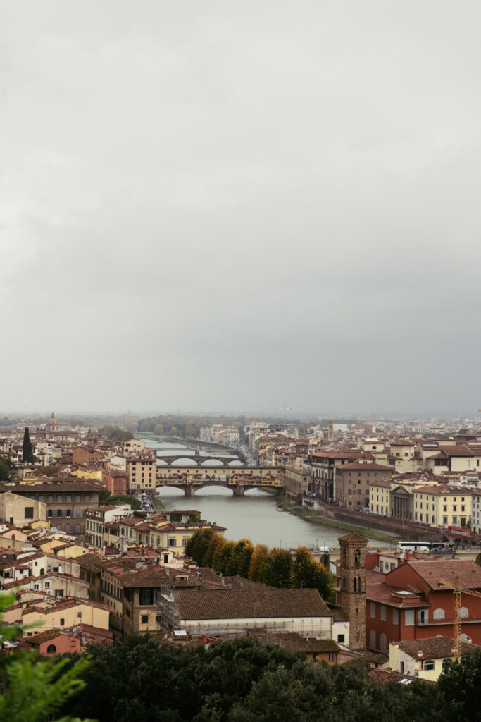 A scenic overlook of Florence, highlighting the historic architecture and the winding Arno River.