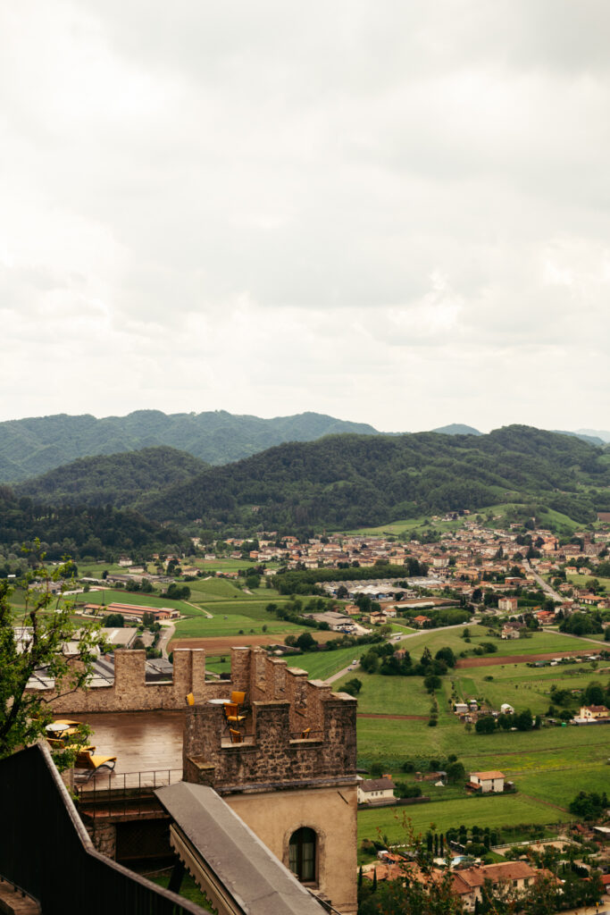 Scenic view of Valdobbiadene and the rolling Prosecco Hills from the castle grounds.