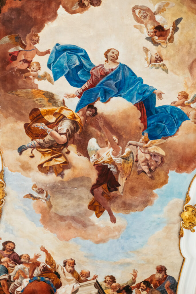 Ceiling fresco inside the private chapel of CastelBrando, perfect for a symbolic or religious micro-wedding.