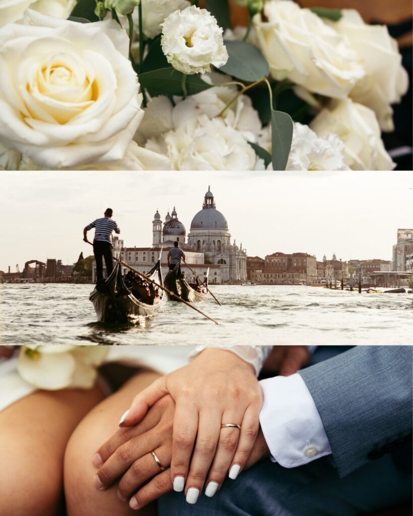 Collage of white wedding flowers, a gondola ride past Santa Maria della Salute, and bride and groom holding hands after their symbolic wedding in Venice