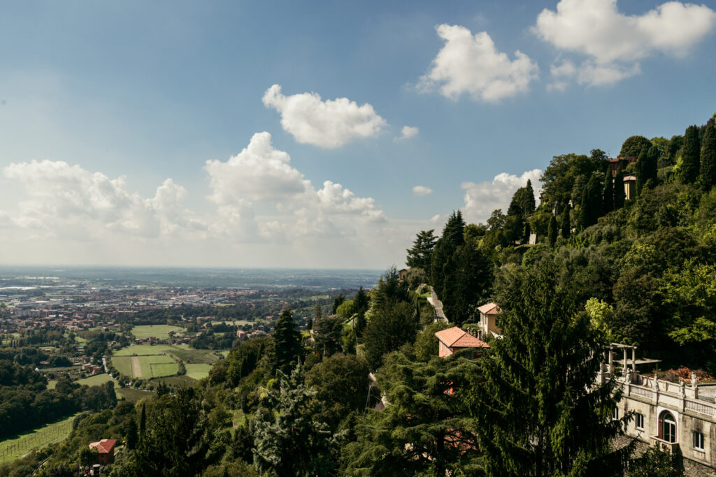 Elevated view of the lush garden and terrace of Villa Elena, Italy