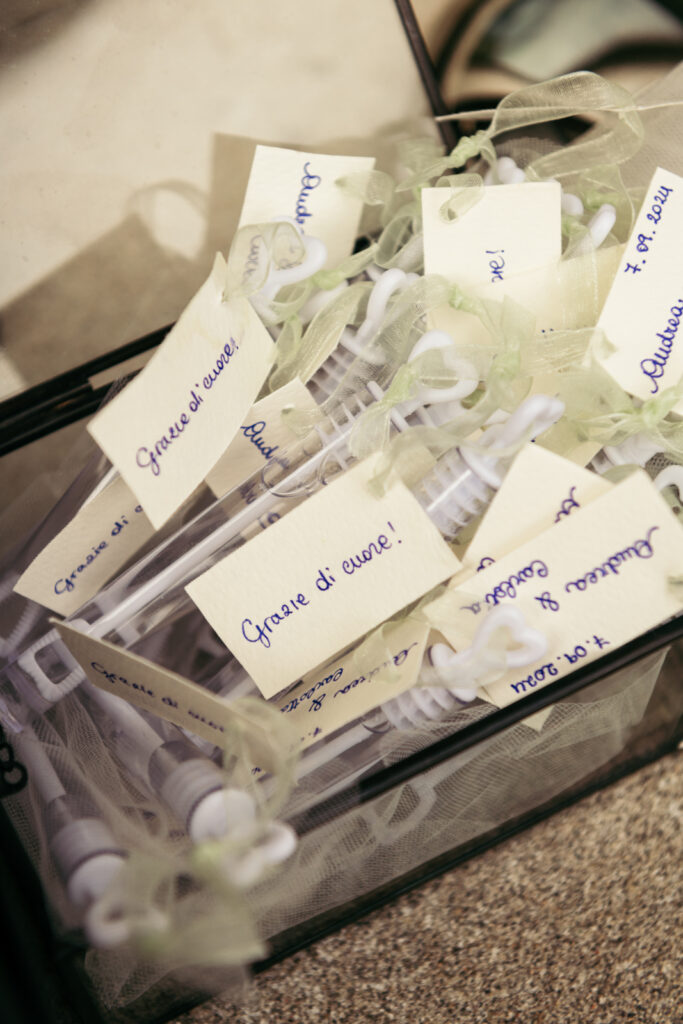 Wedding favors with custom messages for guests at a Villa Elena wedding in Italy